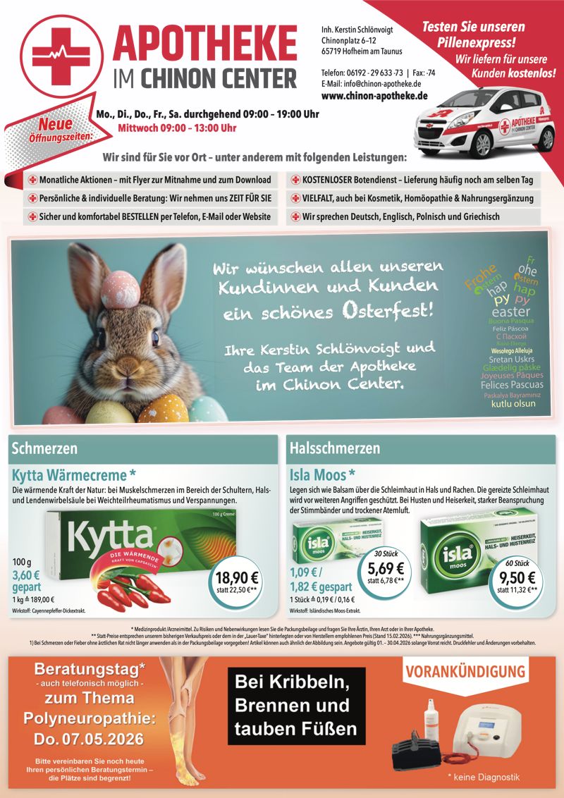 Aktuelle Monatsangebote der Apotheke im Chinon Center Monatlicher Angebotsflyer der Apotheke im Chinon Center mit Informationen zu Öffnungszeiten, Leistungen, Aktionen und wechselnden Produktangeboten aus Bereichen wie Gesundheit, Pflege und Selbstmedikation.